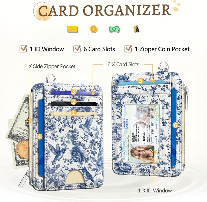 Kelvoris Bird Flowers Credit Card Holder Small Wallet Women, Slim RFID Blocking Wallet Woman Keychain with Zipper Coin Pocket, Front Pocket Thin Travel Card Case Organizer with ID Window Ladies Gifts - Image 3